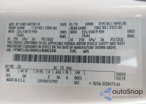 2019 Ford Escape Titanium из США, поврежденный, VIN 1FMCU9J90KUA86338